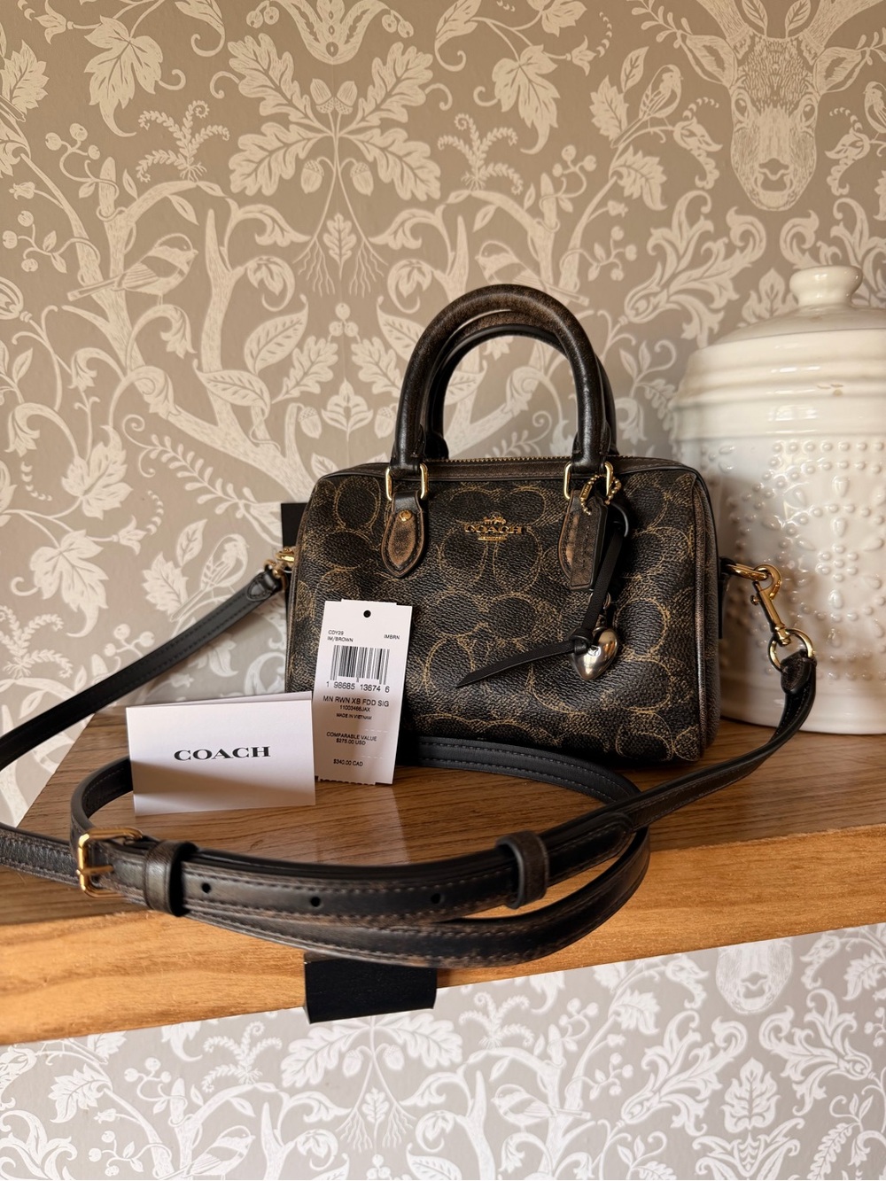 Coach Mini Rowan Loved Signature Brown w/ bag charm,hangtag, strap, dust bag NWT